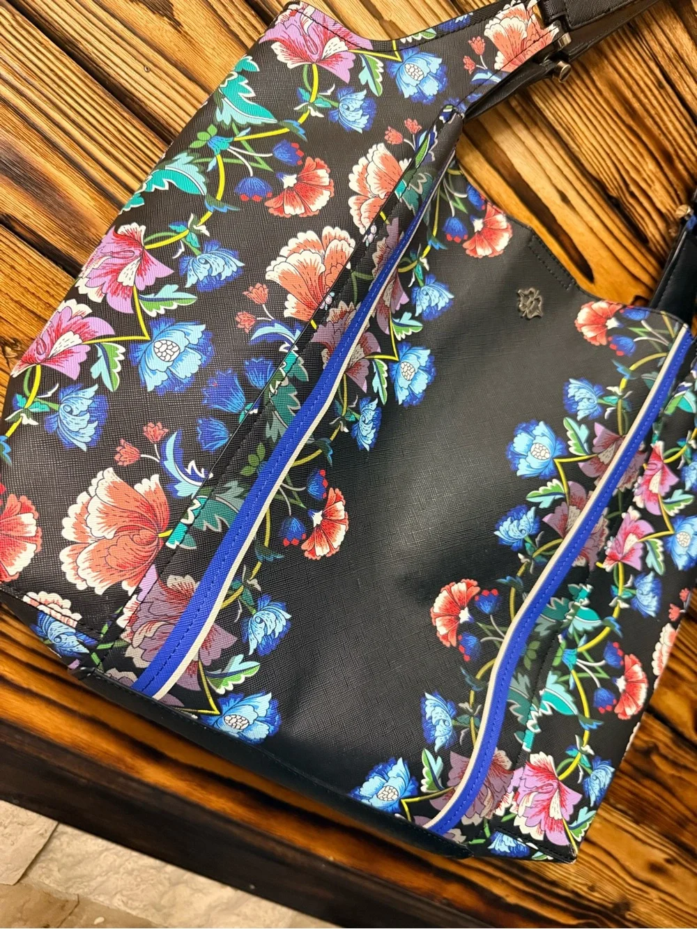Floral Pattern Black Tote Bag with Blue Accents
